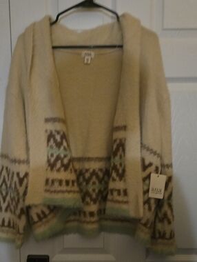 a.n.a Cream Open Cardigan with Brown & Light Green Pattern